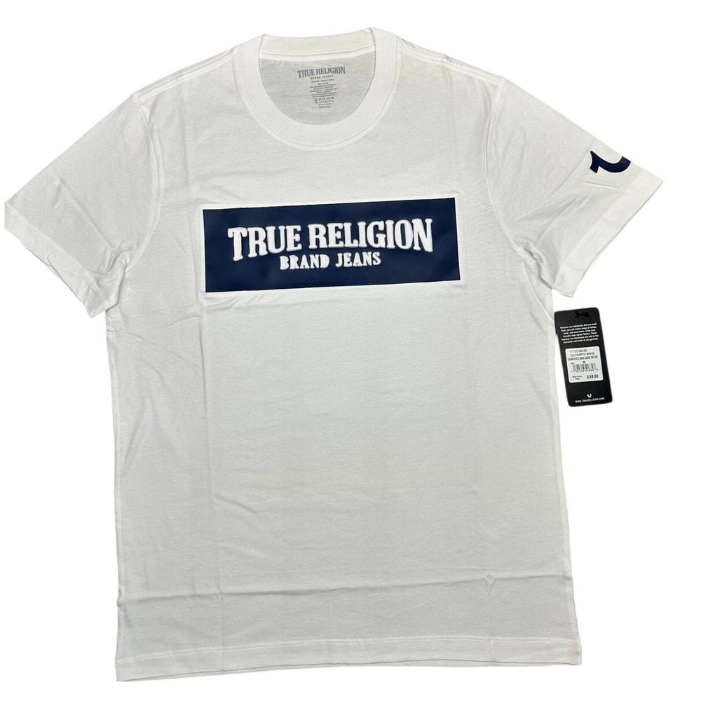 True Religion Mens Embossed Box Arch SS Tee Optic White Navy 700165 Size M NEW